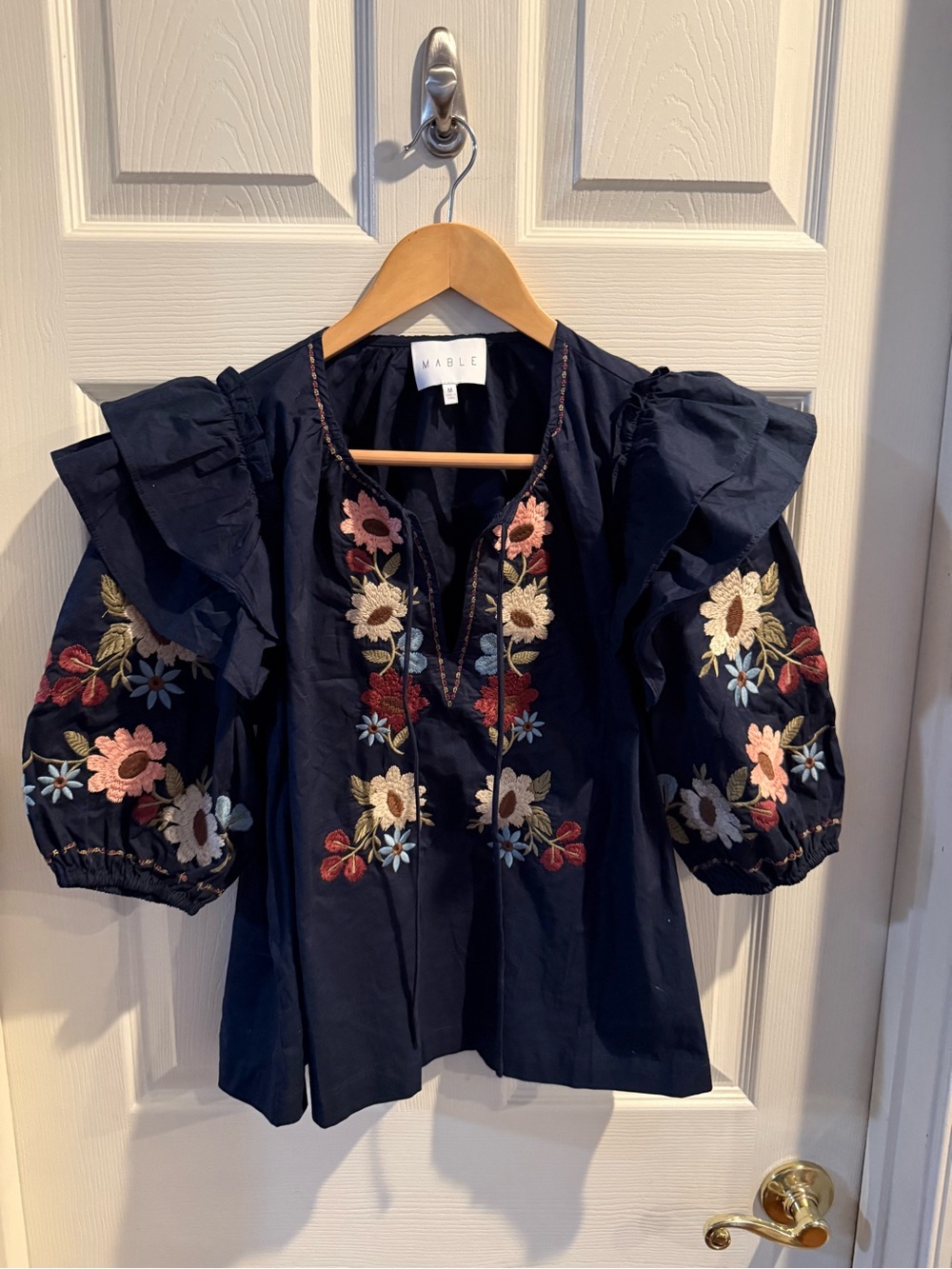 Mable Navy Floral Embroidered Puff-Sleeve Blouse